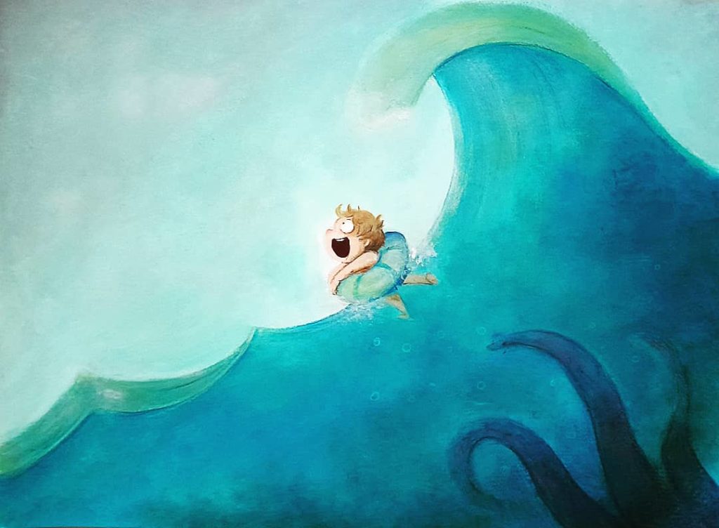 illustration acrylique enfant vague pieuvre monstre marin