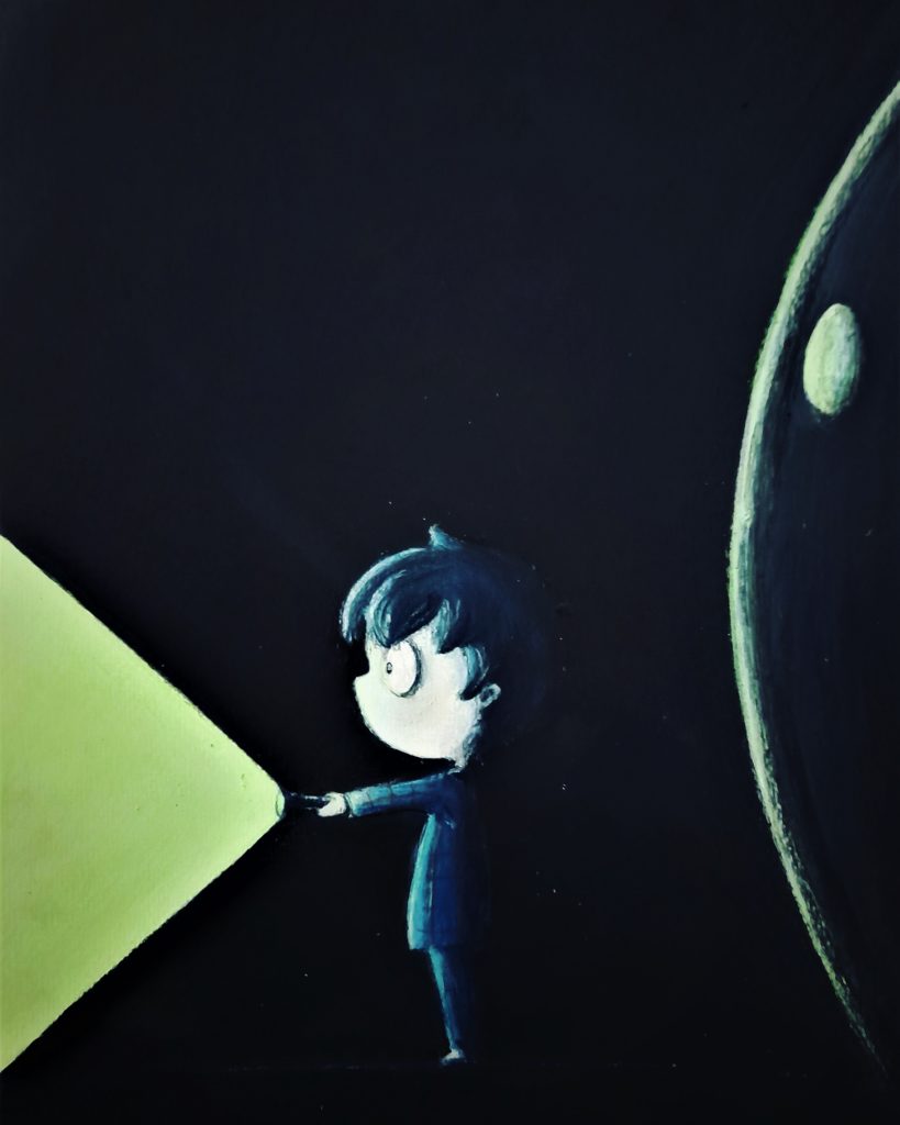 Illustration enfant acrylique, monstre caché dans le noir