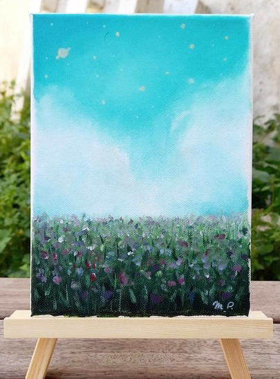 Paysage champs de fleurs ciel étoilé acrylique sur toile.